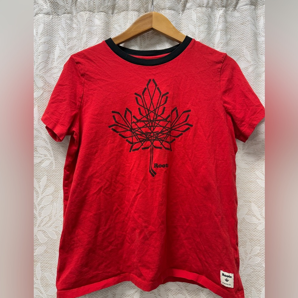 Roots Red and Black Crew Neck Tee, Hockey Sticks as Canada’s Maple Leaf